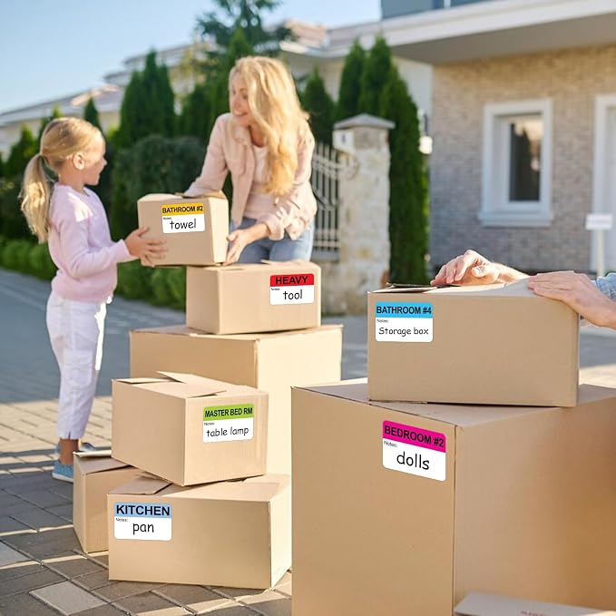 600 Writable Stickers 2” x 3” Each,20 Designs Pre-Printed Color-Coded Home Moving Packing Box Labels with Fragile, Extra, Heavy Labels
