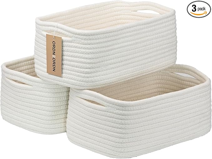 Small Storage Baskets for Organizing, Woven Storage Bins for Shelves, Gift Basket Empty, Cute Decorative Closet Organizer, Baby Rope Basket, Dog Toy Storage, 13.2x8.2x5.2”, 3Packs White