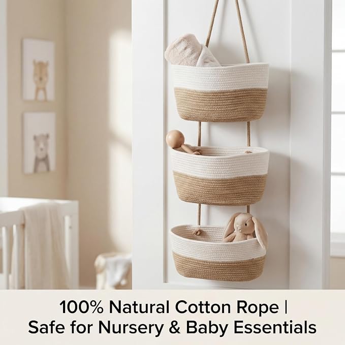 Hanging Basket, Woven 3 Tier Over Door Basket with 4 Hooks | Hanging Storage Basket for Door, Wall, Nursery, Bathroom, Bedroom, Decorative Over Door Basket Organizer for Stuffed Animals