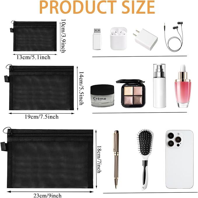 3 Pcs Mesh Zipper Pouch Makeup Bags Set, Portable Mesh Cosmetic Bag Travel Toiletry Storage Bags Pencil Purse Organizer Pouches for Home Office Daily or Traveling Accessories Keep Small Items( Black)