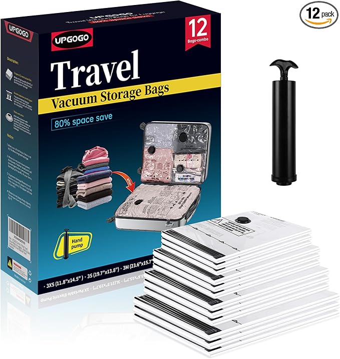 UPGOGO Travel Vacuum Bags for Luggage with Hand Pump,Vacuum Seal Bags for Clothing,Packing Cubes Compression,Cruise Ship and Travel Essentials(Combo 12 Pack)
