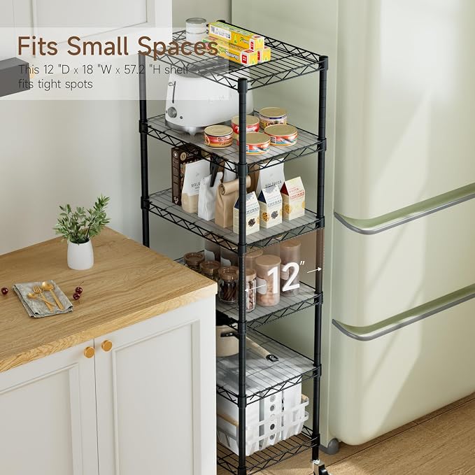 Golpart Small Shelves Storage Wire Metal Adjustable Shelf Unit with Wheels | 6 tier Shelving Organizers Storage Shelving for Bathroom Laundry Room Kitchen Pantry 11.7”D x 17.7”W x 61.6”H Black