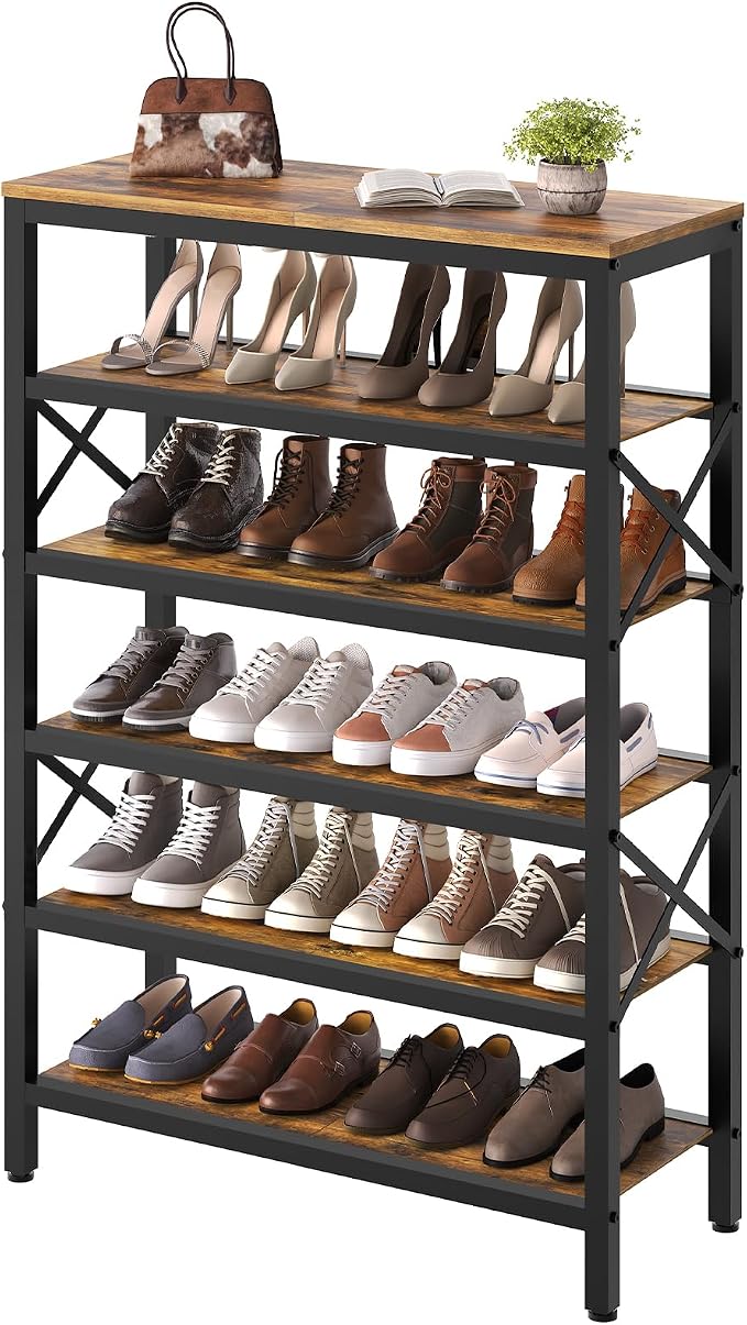 YATINEY 6-Tier Tall Shoe Rack Organizer, Wooden Shoe Storage for Closet Holds 24 Pairs, Sturdy Shoe Shelf with X-Shaped Metal Support, for Entryway, Bedroom, Rustic Brown and Black SS206BR
