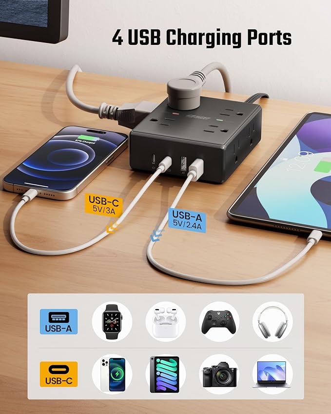 SUPERDANNY Extension Cord,Flat Plug Surge Protector Power Strip,10Ft | 8 AC & 4 USB Ports (2 USB C),Surge Protector with 1050J,Desk Charging Station for Home Office,College Dorm Room Essentials