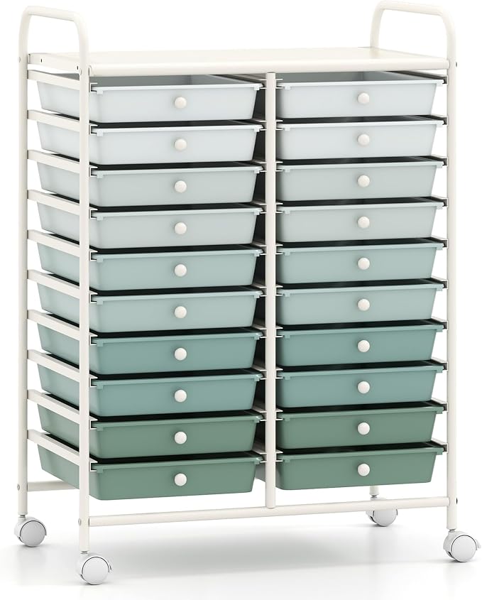 GOFLAME 20-Drawer Rolling Storage Cart, Art Craft Organizer Cart, Mobile Utility Storage Cart with Removable Drawers & Lockable Wheels, Craft Cart for Home Office School, Green Gradient