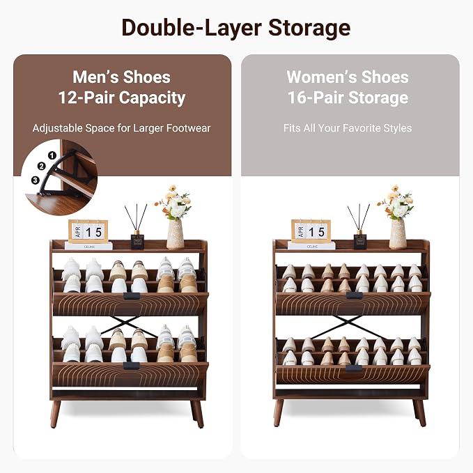Arch-Chic Shoe Cabinet for Entryway with 2 Flip Drawers, Freestanding Shoe Storage Cabinet for Entryway, Narrow Wood Shoe Organizer for Foyer, Front Door, Hallway