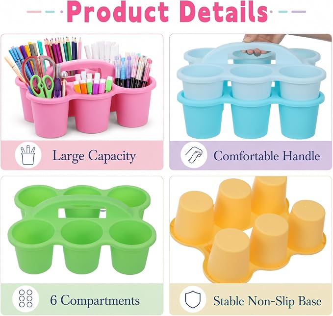6 pack Classroom Caddy with Handle plastic supply caddy with 6 Compartments Drink Cup Caddies Holder Portable Desk Crayon Storage Caddy for Teacher Kids Office School (Pastel)