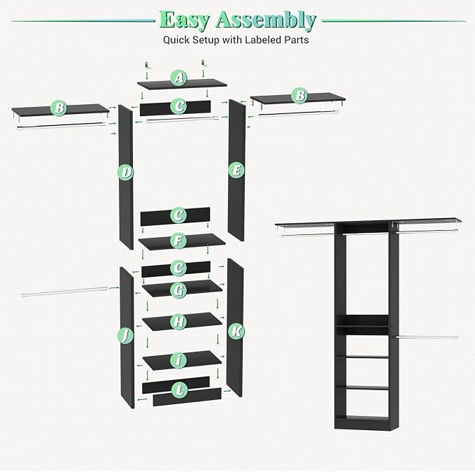 Besiost 48" Closet Organizer System, 4FT Closet System for Small Closets with 4 Hanging Rods & 3 Shelves, 80"H Small Closet Organizers and Storage for Bedrooms, Cloakrooms, Black