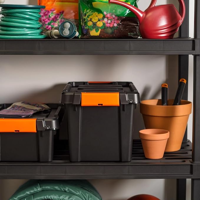 5 Gal Storage Bin 4-Pack, Stackable Plastic Tote with Latching Lid, Black | 5Gal Capacity, Secure Latching Lid, Heavy-Duty Plastic, Reinforced Handles, Stackable Design, Garage/Workshop Use