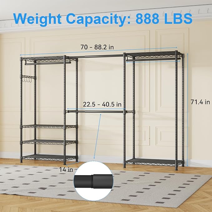 Ulif E1 Heavy Duty Closet Garment Rack, 6 Tiers Adjustable Metal Freestanding Expandable Clothing Storage with 4 Hanger Rods, Easy to Assemble Wardrobe Suit for 70 to 88.2" Space, 14"D x 71.4"H, Black