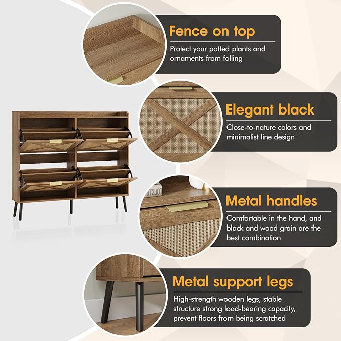 Maupvit Large Shoe Storage Cabinet with 4 Flip Drawers, Narrow Shoe Cabinet for Entryway with Wooden Legs, Freestanding Hidden Shoe Rack Organizer ＆ Metal Hinges, Rustic Oak Rattan