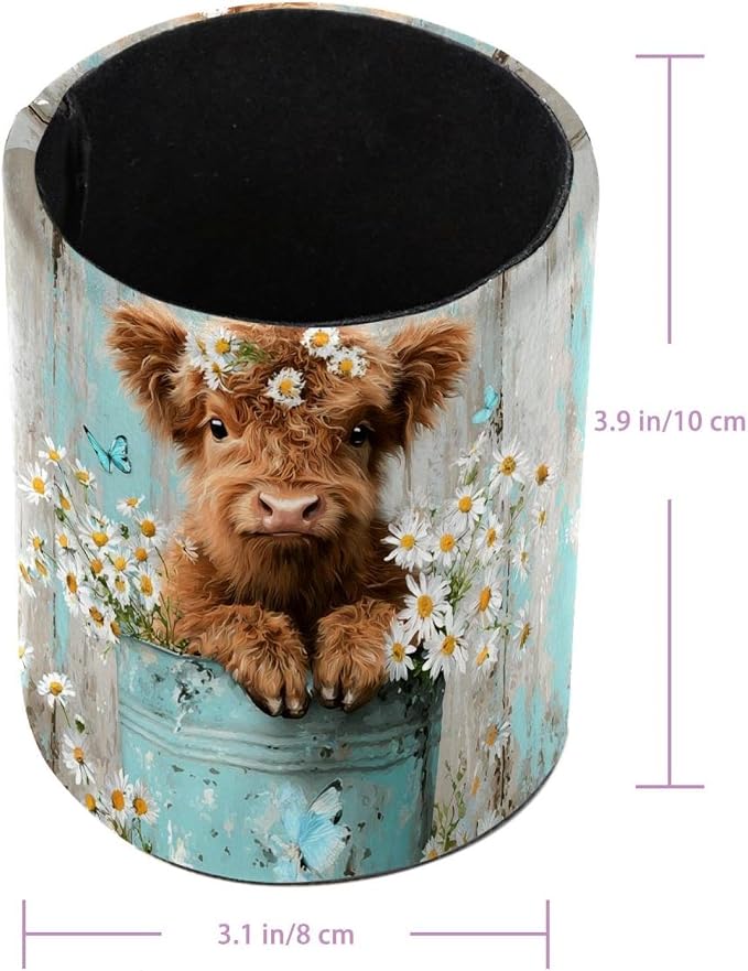 Leather Pen Holder for Desk, Highland Cow Flower Pencil Cup Pen Organizer Makeup Brush Holder for Office Home Kids Countertop Desk Accessory Storage