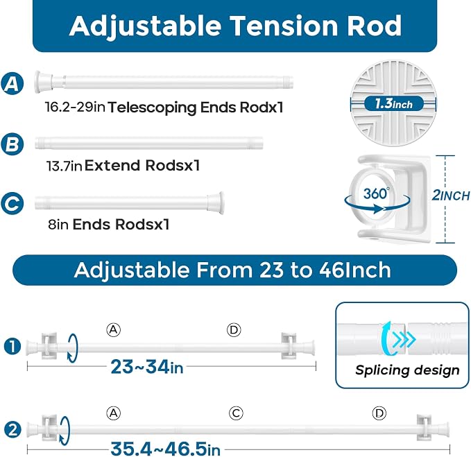 1PCS White Tension Curtain Rod 18-36 Inch Adjustable No Drilling Tension Rods Small Tension Rod Spring Rods, for Windows, Door And Closet. (With One Set Rod Holders)