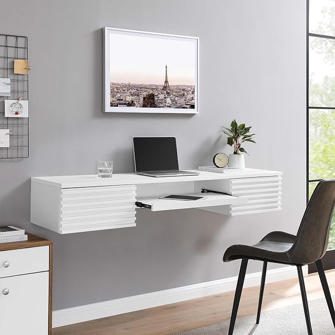 Floating Desk 60'' Wall Mounted Computer Desk with 2 Drawer & Keyboard Tray Home Office Desk Workstation, Cable Hole, Laptop PC Table for Living Room, Bedroom, Office, White