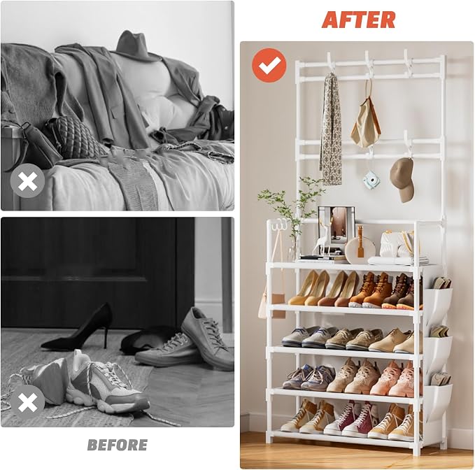 Shoe Rack 5 Tier Shoe Organizer Storage 15-20 Pairs for Closet Entrance | Stackable & Detachable Shelf with Hooks and Side Pocket Entryway Shoe Holder Space Saving Closet Organizers and Storage