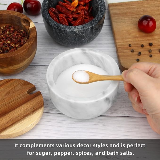 Salt Cellar Box with Lid & Spoon, Modern White Stone Salt or Pepper Sugar Spice Seasoning Bowl Container Jar Holder Well Keeper Dish Pig Crock for Kitchen (White Grey Marble Bowl)