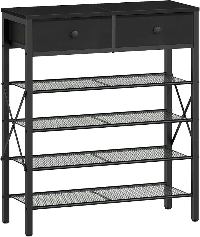 YATINEY 5 Tier Shoe Rack, Large Capacity Shoe Storage Organizer, Metal Shoe Shelf with Drawer and Wooden Top, for 20 Pairs of Shoes, for Entryway, Closet, Black SS25BB