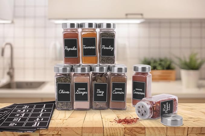 Orii Black Rectangular 160 Spice Labels Stickers for Spice Jars | 160 Pre-Printed Labels, 20 Blank Labels, For Kitchen Pantry, Herb Seasoning Labels
