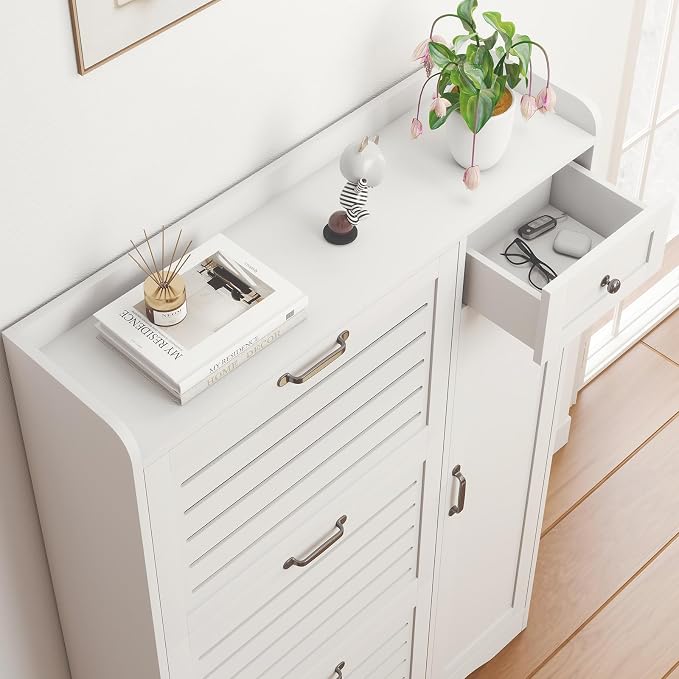 Narrow Shoe Storage Cabinet with 3 Flip Drawers, Doors & Adjustable Shelves, Slim Shoe Rack Cabinet for Entryway Closet, Deodorizing Wooden Boot Storage Organizer Freestanding Hidden, White