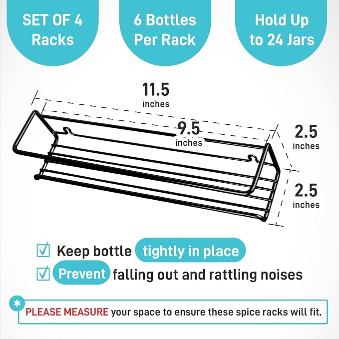 Spice Rack Wall Mounted 4 Tier – Space-Saving Kitchen Spice Organizer for Seasonings – Screw or Adhesive Hanging – Wall Mount Hanging Spice Rack for Wall, Cabinet, Pantry Door 2.5x 2.5x11.5 in