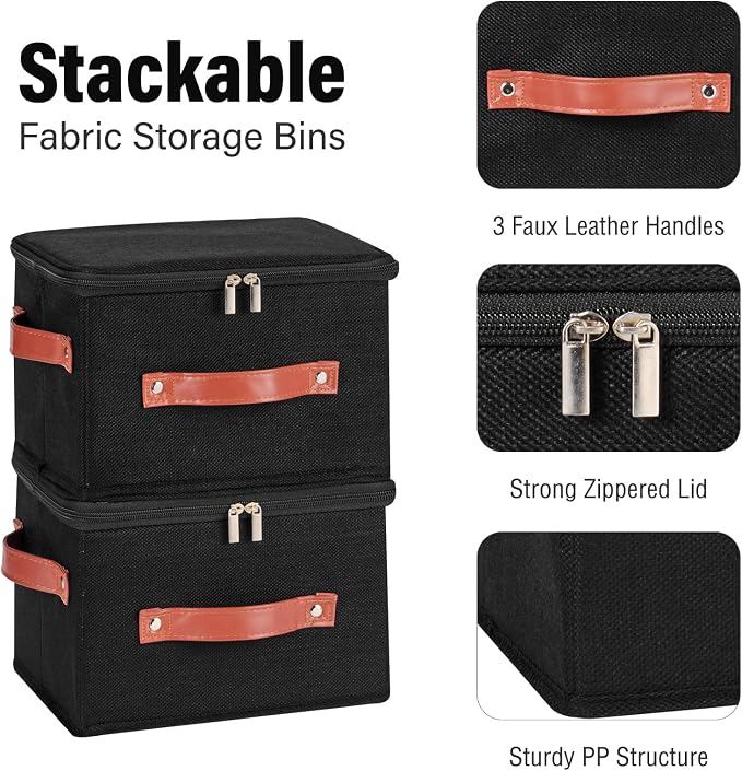 Storage Bin Box with Zippered Lid Cotton Linen Fabric Decorative Basket with PU Leather Handles PP Plastic Board Foldable Lidded Clothing Shelf Closet Organizer Container (Black, Small)
