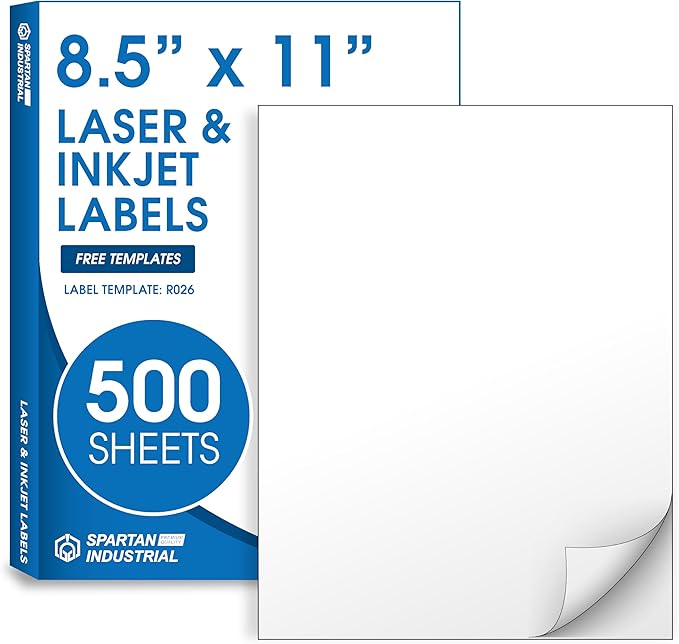 8.5" X 11" Matte White Full Sheet Labels (500 Sheets, 500 Stickers) Printable Sticker Paper for Laser & Inkjet Printers - Spartan Industrial Template R026