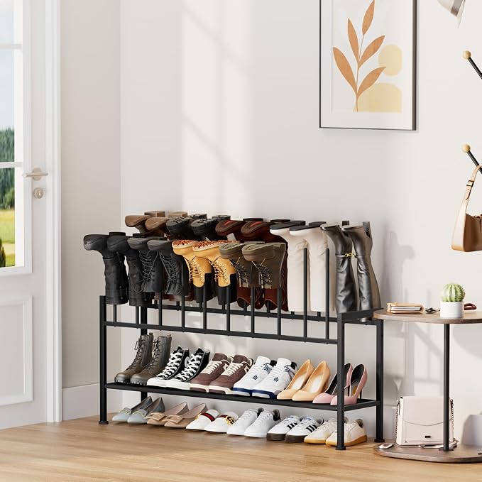 DIMJ Boot Rack 3-Tier - Black Metal Boot Storage Rack for Tall Boots Organizer Shoe Rack for Boots, Sneakers, High-Heel, Entryway, Fit for 10 Pairs, Black