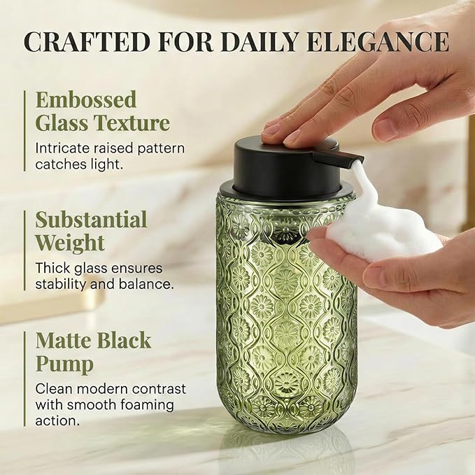 Green Glass Foaming Hand Soap Dispenser with Matte Black Pump Thick Embossed Bottle Refillable for Bathroom and Kitchen Decor 13.5 oz