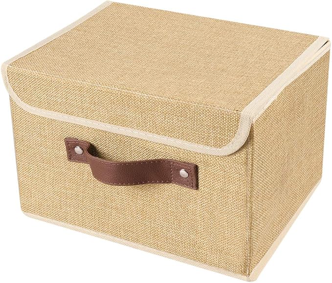 2Pack Storage Bins Boxes with Lids 10" x 8" x 7" Decorative Storage Baskets | Cotton Linen Fabric, Collapsible, Faux Leather Handles, Storage Cubes, Closet Shelf Clothes Organizer Container, Khaki