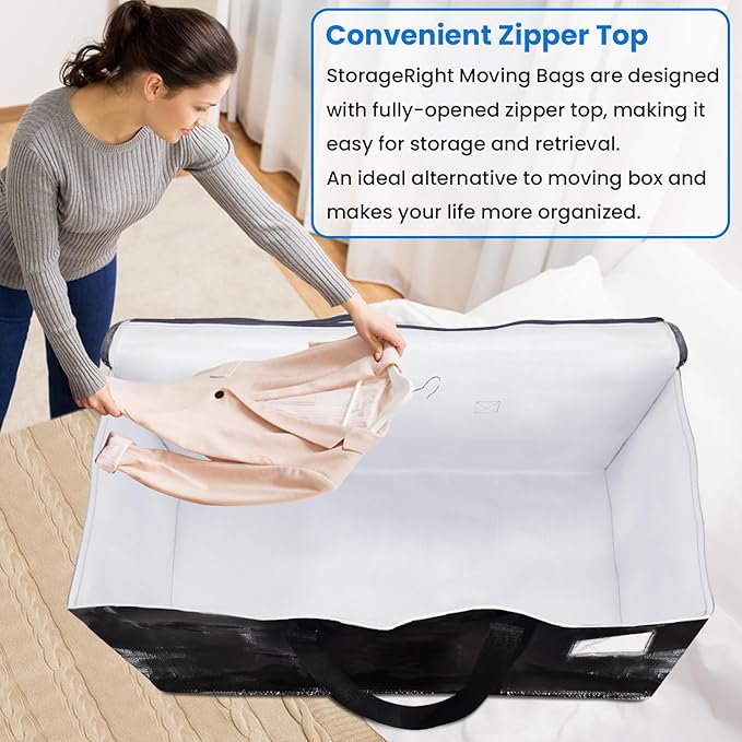 StorageRight Large Moving Bags Heavy Duty Storage Totes for Storage,Packing & Moving Collapsible Moving Supplies with Large Capacity, Reinforced Zippers and Handles, 125L, 6 Packs