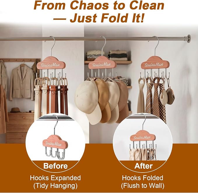 Bra Hanger for Closet Organizer, Cedar,2 Pack 8 Hook | Space Saving Wooden Tank Top Hangers with 8 Foldable Hooks & Holds 24 Items, Storage for Bras, Scarves, Belts, Ties and More