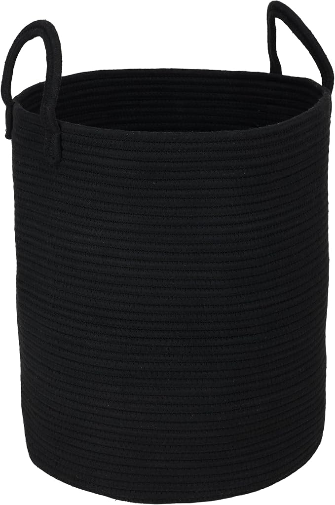 XUANGUO Black Cotton Rope Laundry Basket Hamper for Clothes Woven Storage Basket for Living Room Bedroom Boho Tall Rope Baskets for Blanket Toys Pillow Towels Baby Nursery Hamper Bin Large