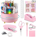 suniya Office Supplies,Desk Accessories,with Stapler,Tape Dispenser,Staple Remover,Scissor,Ballpoint Pen,Sticky Notes,Clear Tape,Staples,Desk Organizer,Ruler,Binder,Best Gift Set(Pink)