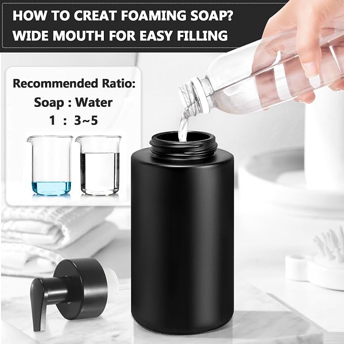 RYTOXILO Matte Black Foaming Hand Soap Dispenser, 10 oz/300ml Glass Foam Dispenser, 2 Pcs Foaming Soap Dispenser for Bathroom, Black Refillable Pump with Waterproof Labels