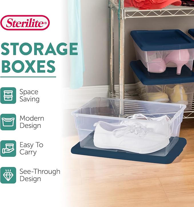 Sterilite Set of 60 Storage Boxes, Clear Plastic Stackable Containers, Lightweight Home Organizers with Snap Lids, 6 Quart, Marine Blue