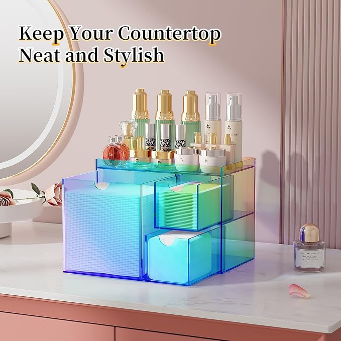 Youdepot Iridescent Acrylic Face Towel Holder with 3 Drawers | Disposable Face Towel Organizer for XL Facial Towels, Cotton Pads, Swabs, Skincare Tools, Bathroom Vanity Countertop