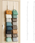 SWTYMIKI Over the Door Purse Organizer - 2 Packs Wall Mounted Purse Rack with 8 Hooks Design, Hanging Handbag Organizer Storage Holds up to 16 Bags, Bag Rack for Closet, Door (White)