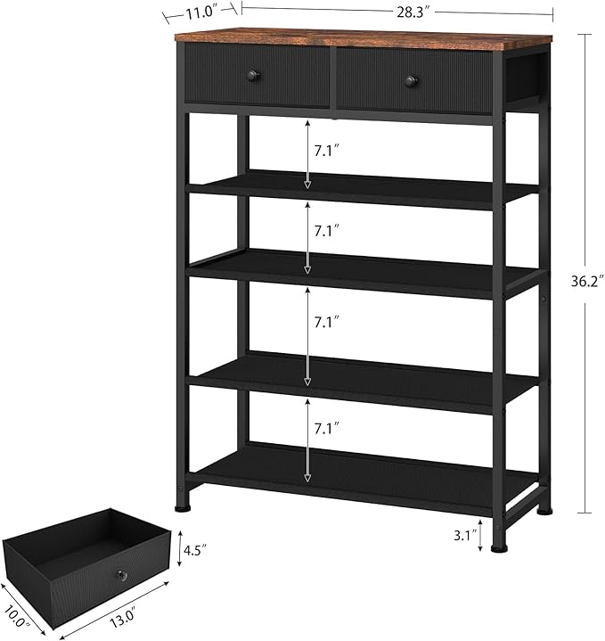 usikey Shoe Rack, 5 Tier Shoe Storage Organizer with 2 Drawers, Metal Shoe Shelf for 12-16 Pairs of Shoes, with 4 Oxford Fabric Shelves and Wooden Top, Shoe Stand for Closet Entryway, Black