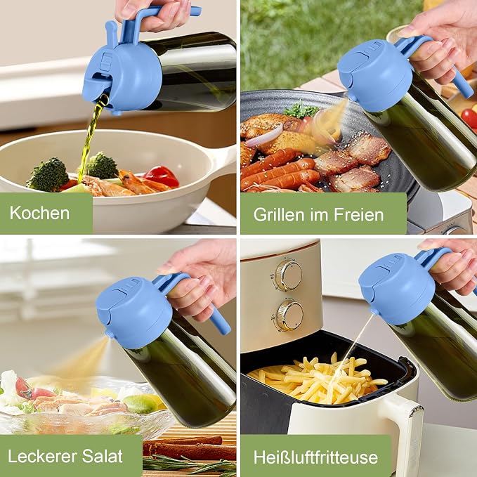 YARRAMATE 16oz/470ml Dark Green Oil Sprayer for Cooking with Stickers, Food-grade Premium 2 in 1 Olive Oil Dispenser Bottle for Kitchen Gadgets, Air Fryer, Salad, Frying, BBQ (SkyBlue)
