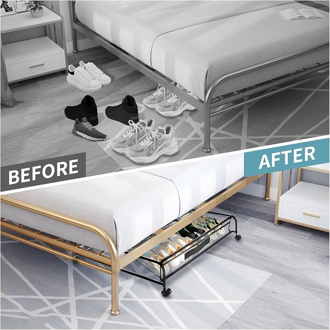 Under Bed Shoe Storage with Wheels, Space Saving Shoe Organizer with Sturdy Metal Frame & Breathable Mesh, Suitable Under the Bed, Sofa and Desk, 2 Packs