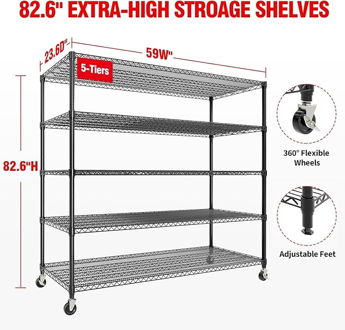 Garvee Storage Shelves, 5 Tier Metal Shelving Units with Wheels, 82" H x 59" W x 23.6" D, 3300 LBS Heavy Duty Wire Shelving Rolling Rack for Garage Kitchen Home Basement, Adjustable, Black