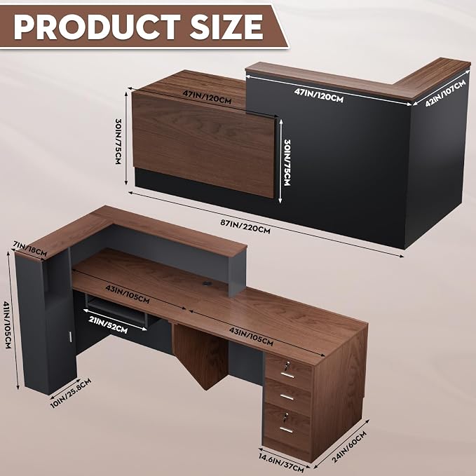 Ceridwen L-Shaped Large Wooden Reception Desk, Modern Front Desk Reception Counter with Lockable Drawers, Storage & Keyboard Tray for Office Lobby Checkout (Left-Brown + Black, 87''L x 42''W x 41''H)