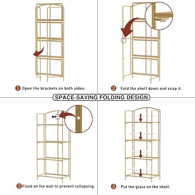 Crofy 4-Tier Foldable Bookshelf, Gold Frame & Transparent Shelves | No-Assembly Collapsible Portable Storage Organizer; Sturdy Transparent Shelves; Ideal for Living Room & Home Office