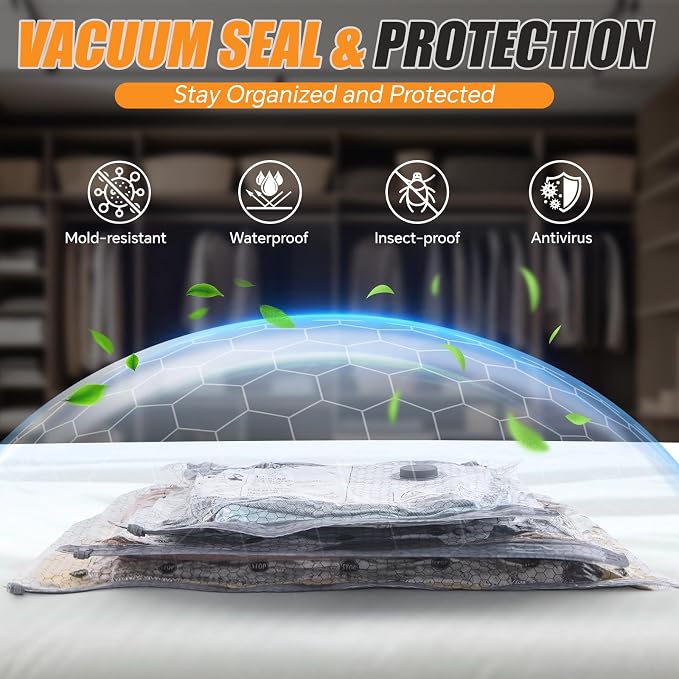 Travel Vacuum Bags with Rechargeable Pump, 16 Pack Compression Packing Bags with 35KPA Electric Pump, 90% Space Saver for Clothes, Vacuum Seal Bags fo Carry-on Luggage Suitcase