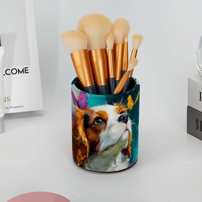 Leather Pen Holder for Desk, Beagle Butterfly Pencil Cup Pen Organizer Makeup Brush Holder for Office Home Kids Countertop Desk Accessory Storage