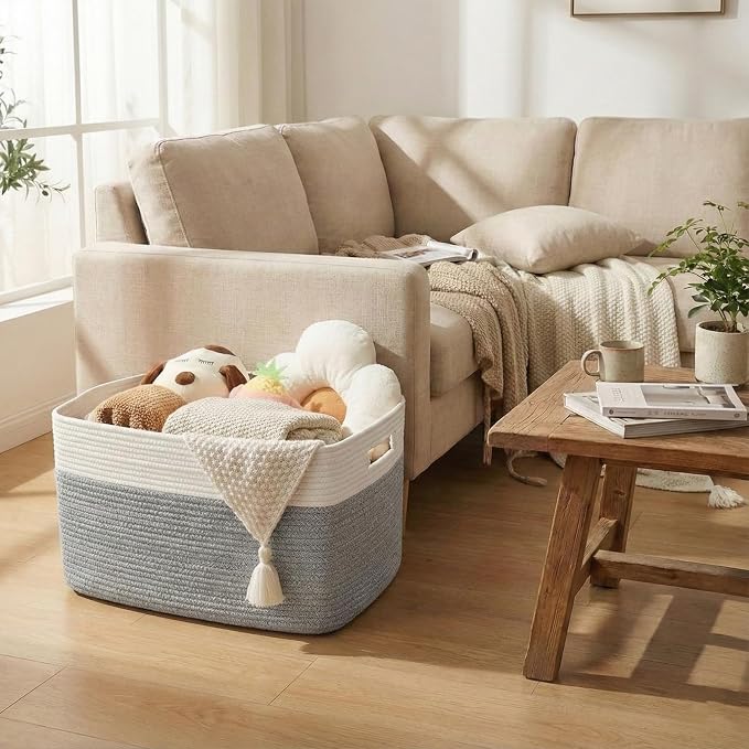 JMvicyroam Woven Blanket Basket,65L Large Storage Bin for Blankets Toys Clothes,Decorative Rope Basket for Living Room Bedroom with Handles, White&Grey