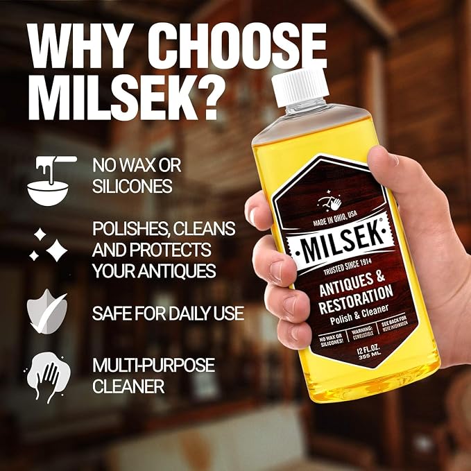 Milsek Antiques & Restoration Wood Polish 12 oz | Cleans, restores, and polishes antique furniture and heirloom wood while enhancing natural beauty.