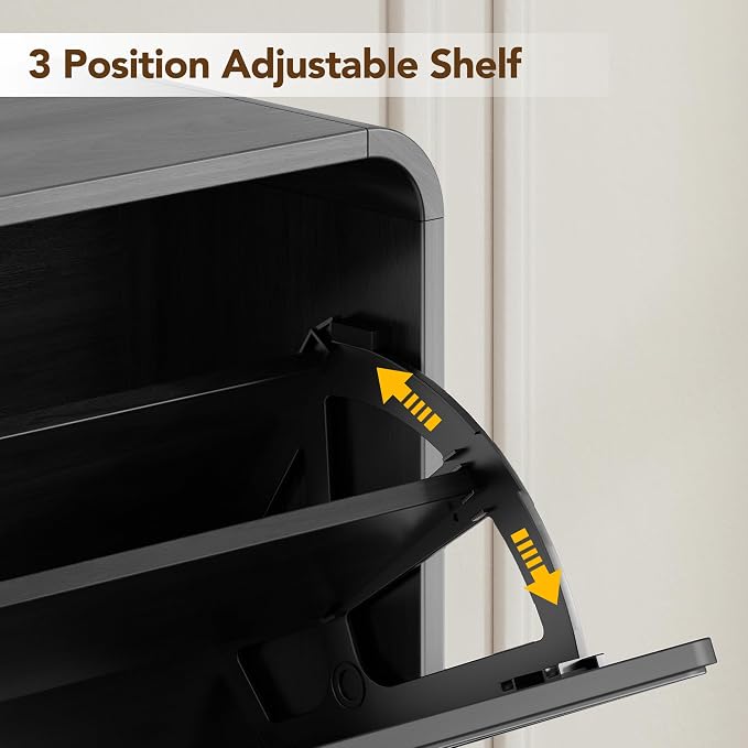 Decofy Shoe Cabinet with 2 Flip Drawers, Expanded Panel for Long Footwear, Freestanding Shoe Storage Cabinet with 3-Gear Adjustable Shelves, Narrow Shoe Cabinets for Entryway, Solid Wood Legs, Dark