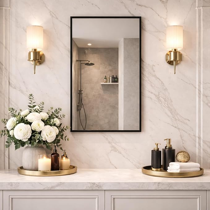 Head West Brushed Black Recessed Medicine Cabinet Mirror 16" x 26", Bathroom Wall Mount Storage Organizer with Glass Shelves