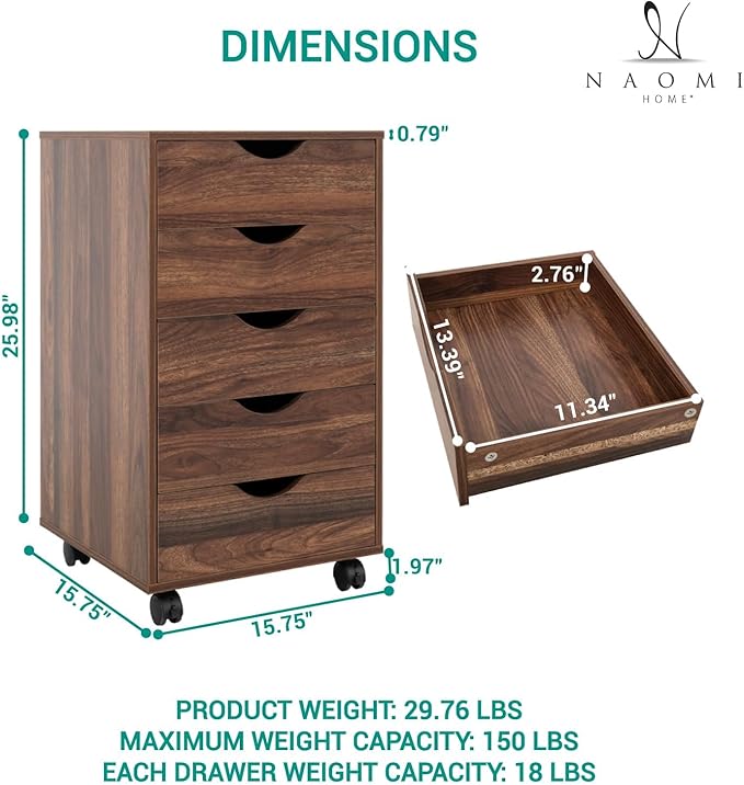 Naomi Home 5-Drawer Rolling Chest, Brown Oak, Smart Storage with Metal Slide Glides & Smooth Wheels, Compact Space-Saver, Easy Assembly, Durable Engineered Wood